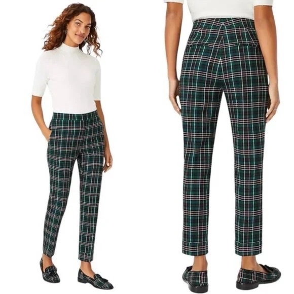 Ann Taylor Green Pink Plaid High Waist Ankle Pants 0 Petite - Picture 1 of 15